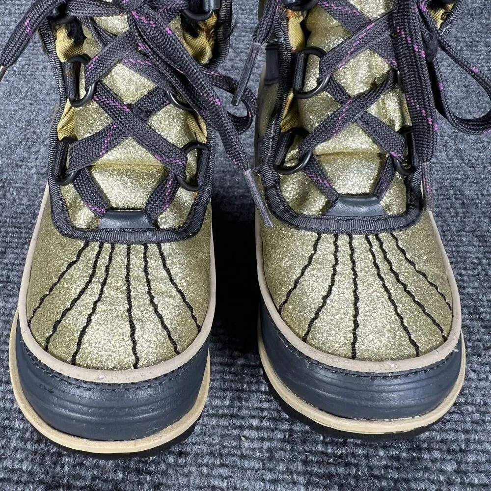 Sorel Tivoli II Girls Snow Winter Boots Size 10 Gold Glitter Waterproof Faux Fur